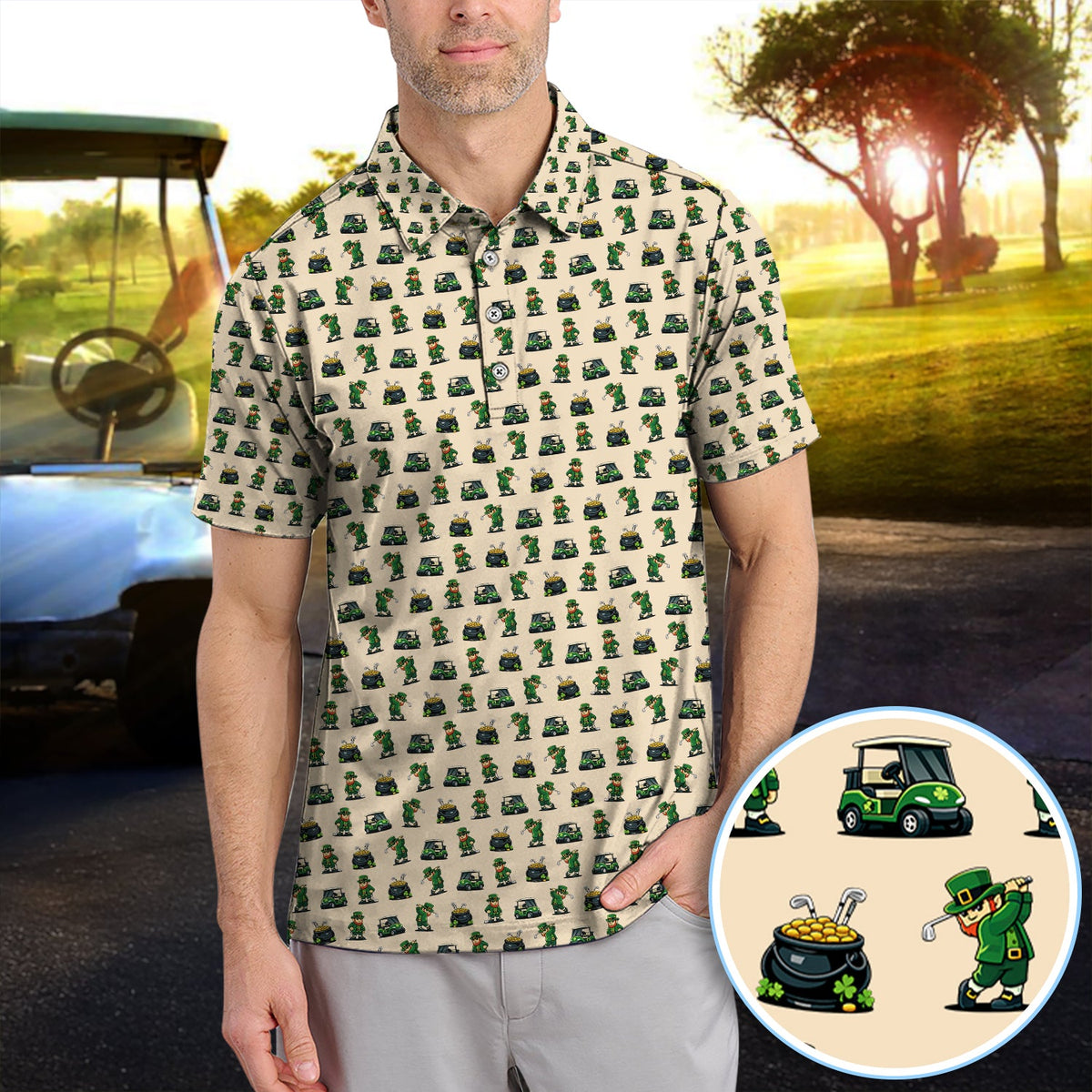 St. Patrick’s Day Pattern Golf Polos, Leprechaun Golf Shirt, Funny Golf Shirts For Men
