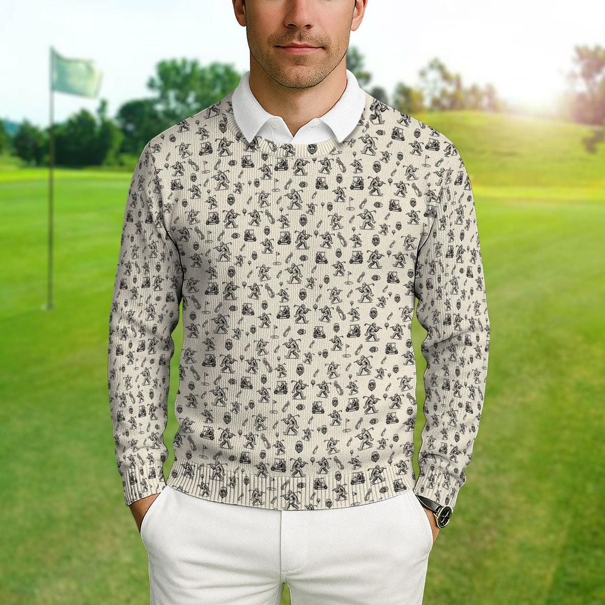 Squatch Bigfoot Pattern Golf Ugly Sweater, Funny Bigfoot Golf Sweater, Golf Gift For Men