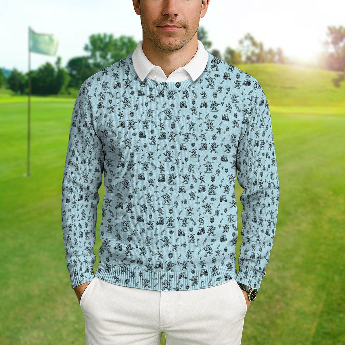 Squatch Bigfoot Pattern Golf Ugly Sweater, Funny Bigfoot Golf Sweater, Golf Gift For Men