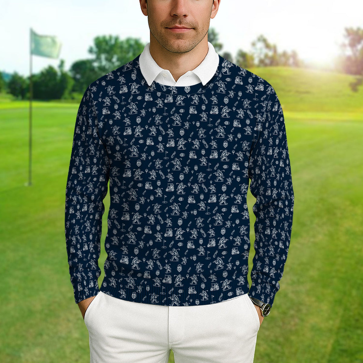 Squatch Bigfoot Pattern Golf Ugly Sweater, Funny Bigfoot Golf Sweater, Golf Gift For Men