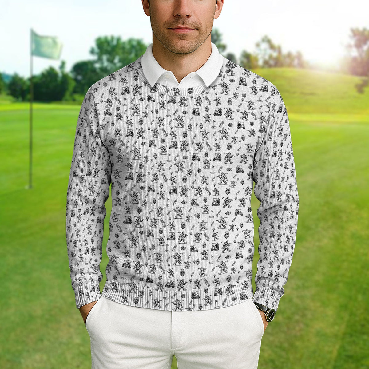 Squatch Bigfoot Pattern Golf Ugly Sweater, Funny Bigfoot Golf Sweater, Golf Gift For Men