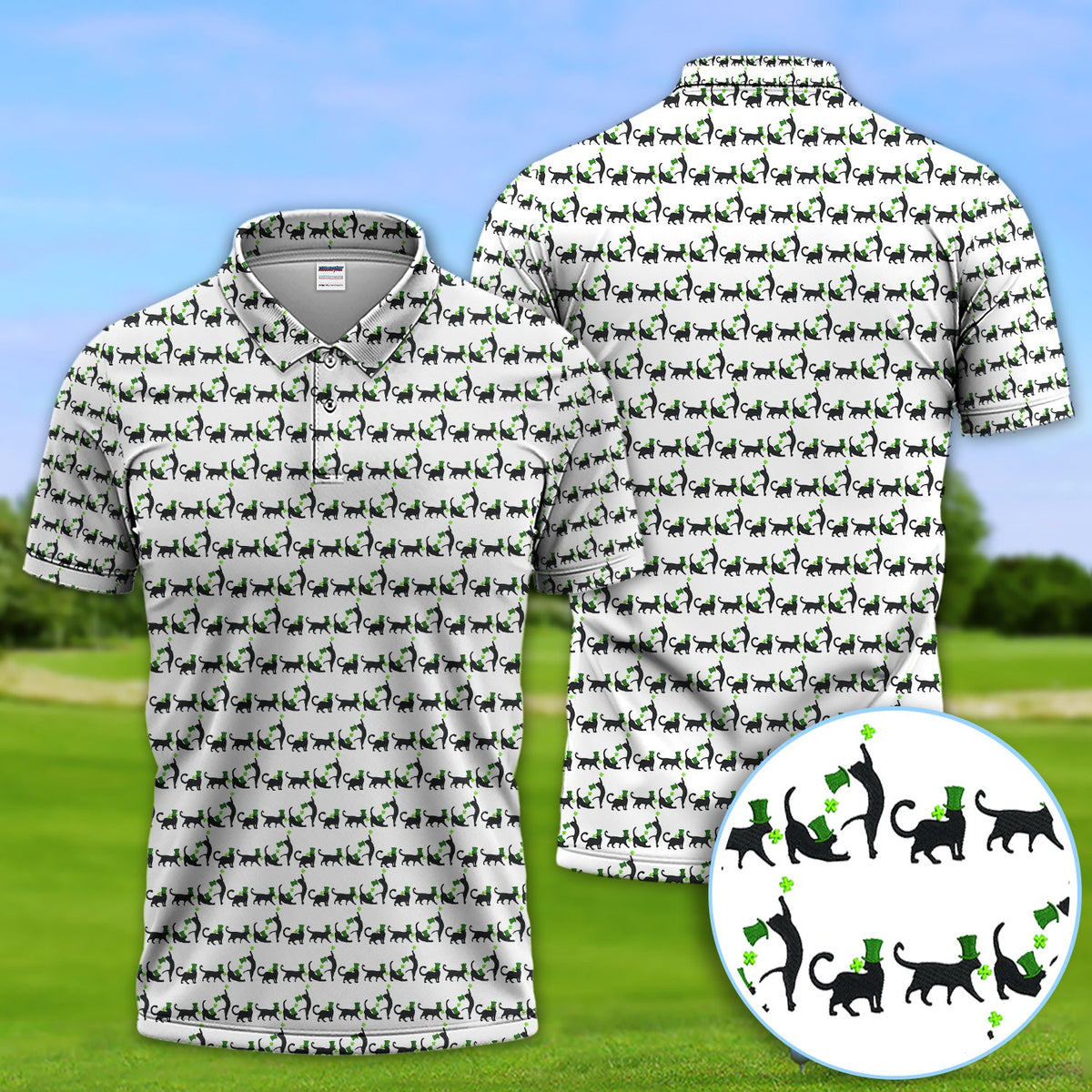 Black Cat St Patrick’s Day Golf Polos, Lucky Cat Pattern Golf Shirt, Golf Gift For Golfer