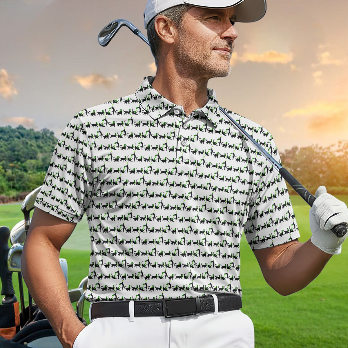 Black Cat St Patrick’s Day Golf Polos, Lucky Cat Pattern Golf Shirt, Golf Gift For Golfer