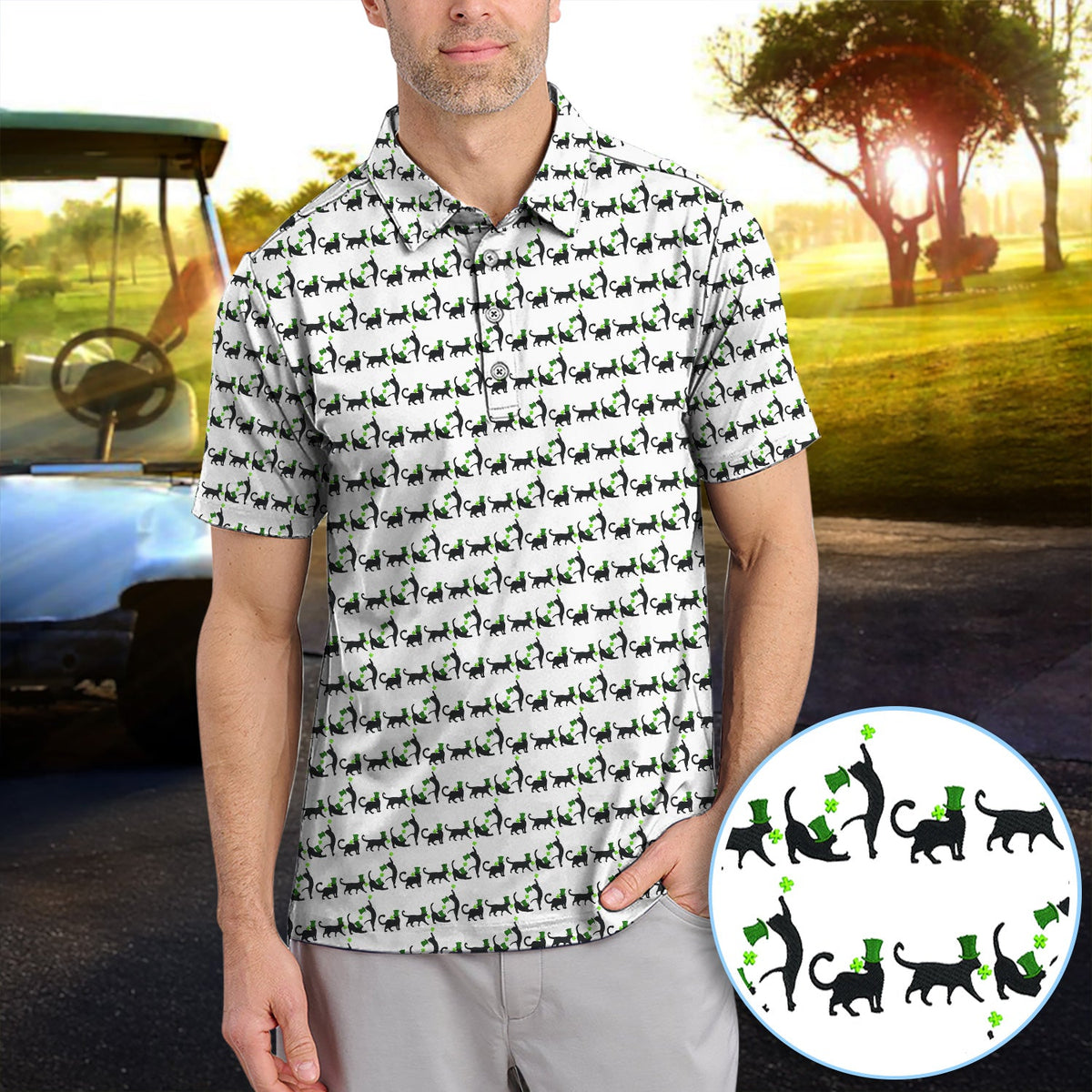 Black Cat St Patrick’s Day Golf Polos, Lucky Cat Pattern Golf Shirt, Golf Gift For Golfer