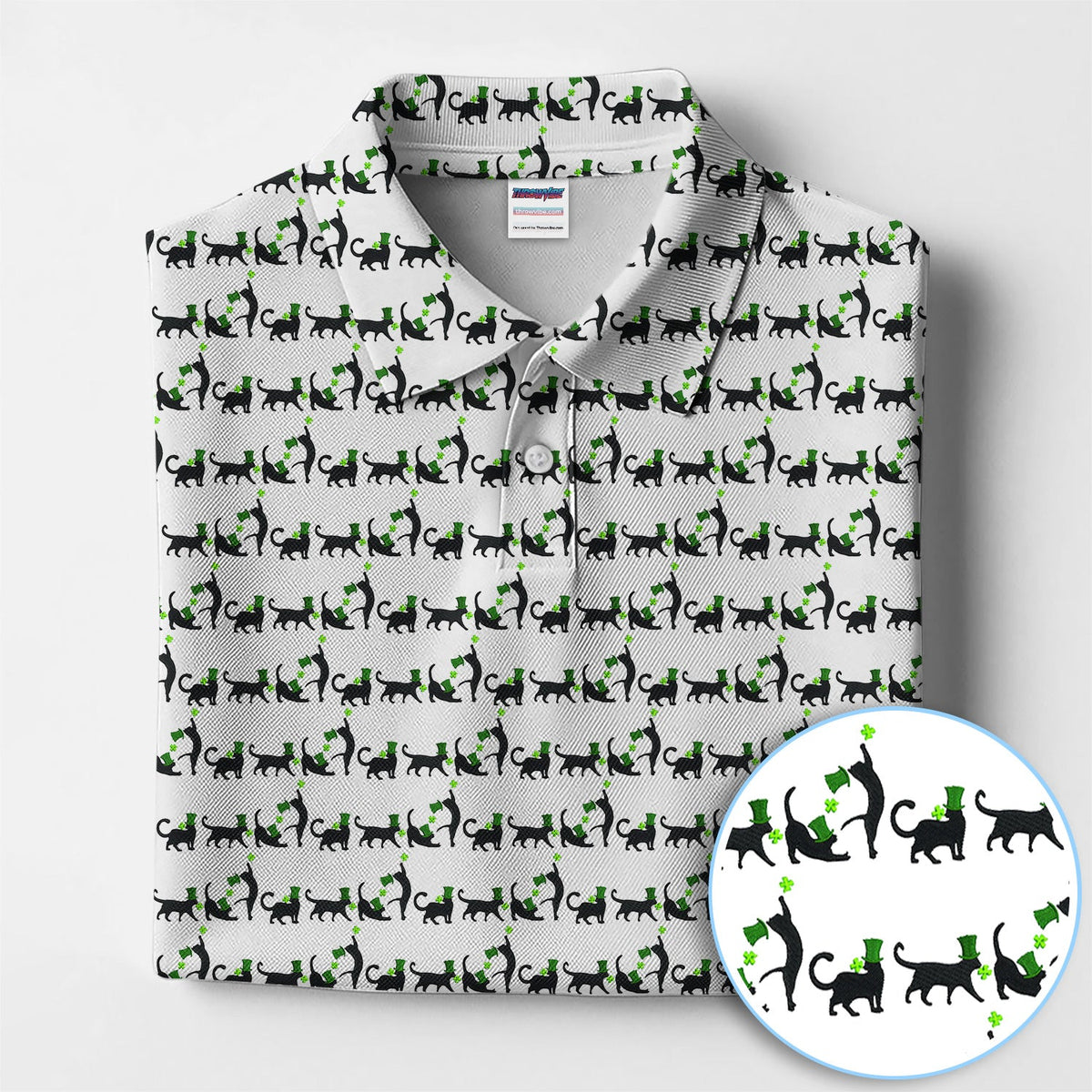 Black Cat St Patrick’s Day Golf Polos, Lucky Cat Pattern Golf Shirt, Golf Gift For Golfer
