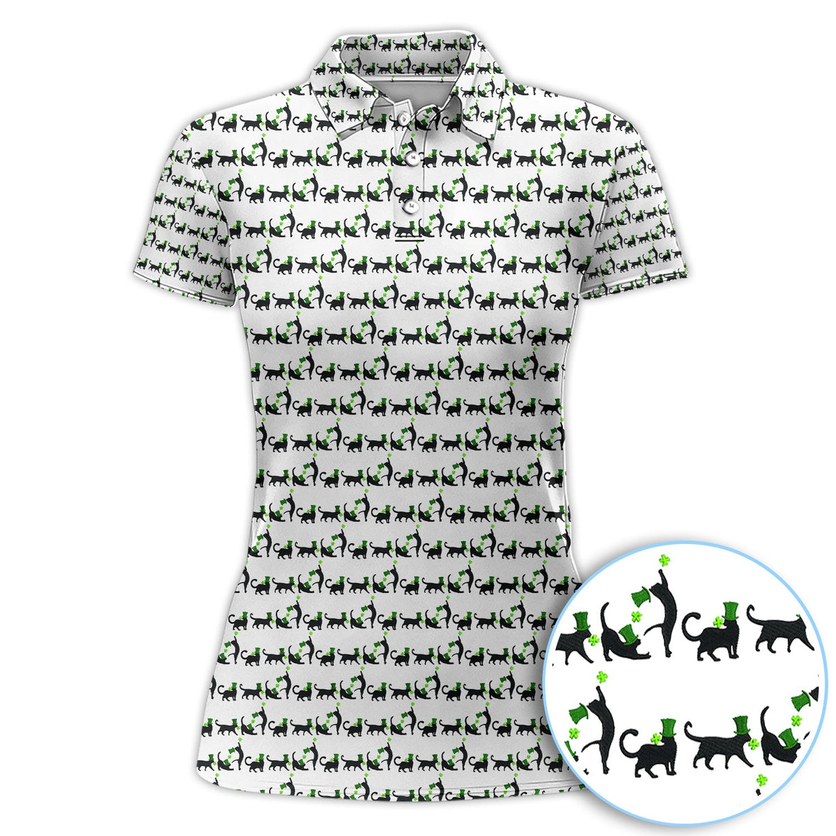 Black Cat St Patrick’s Day Golf Polos, Lucky Cat Pattern Golf Shirt, Golf Gift For Golfer