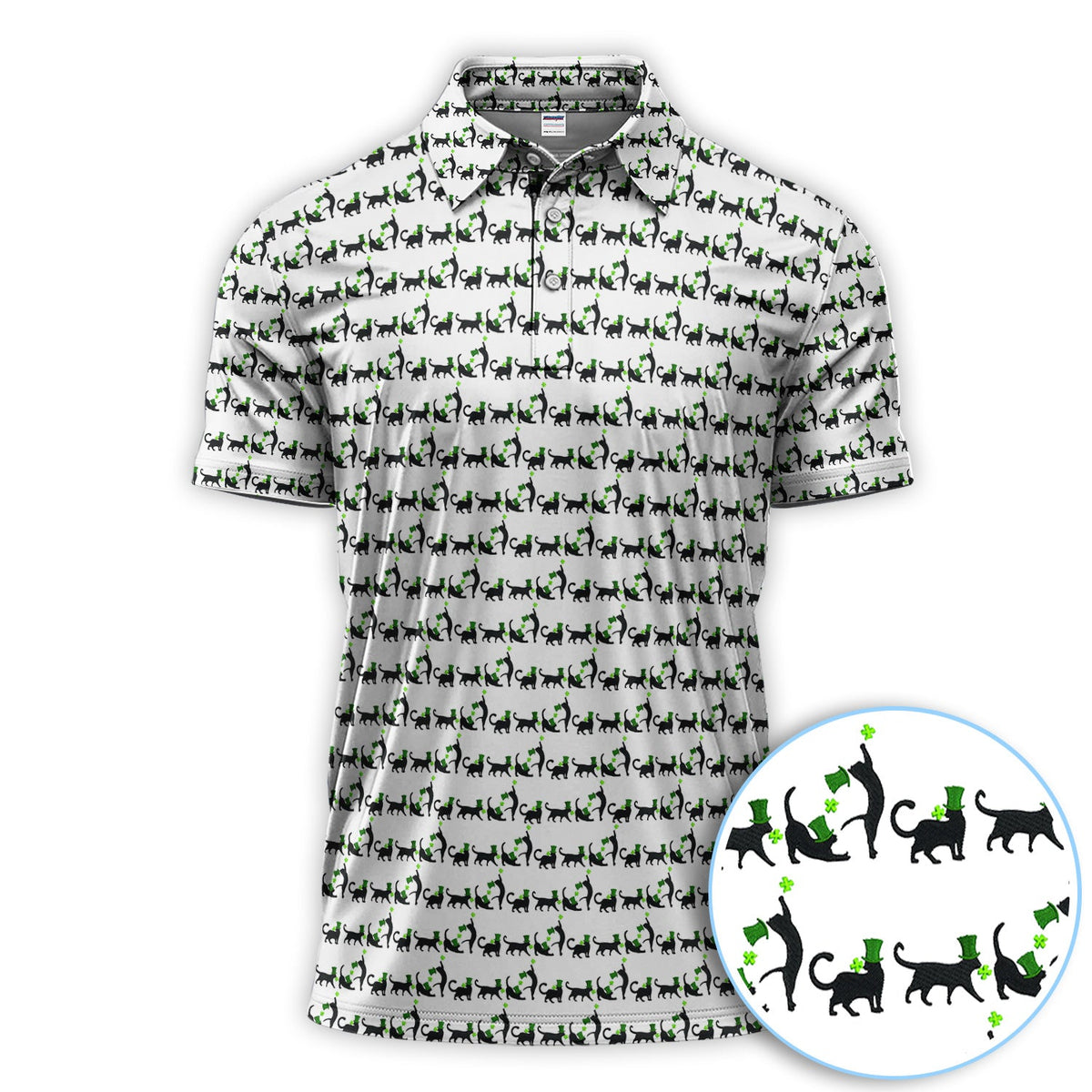 Black Cat St Patrick’s Day Golf Polos, Lucky Cat Pattern Golf Shirt, Golf Gift For Golfer