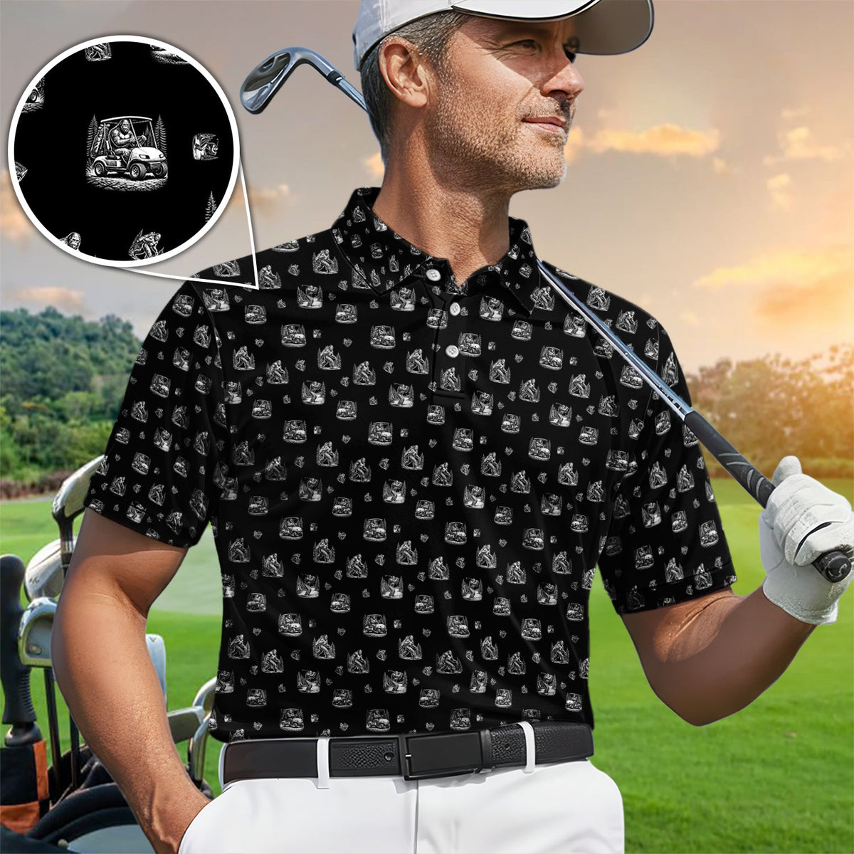 Bigfoot Pattern Golf Polos, Funny Sasquatch Golf Shirt, Crazy Golf Gift For Men