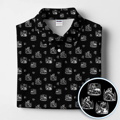 Bigfoot Pattern Golf Polos, Funny Sasquatch Golf Shirt, Crazy Golf Gift For Men