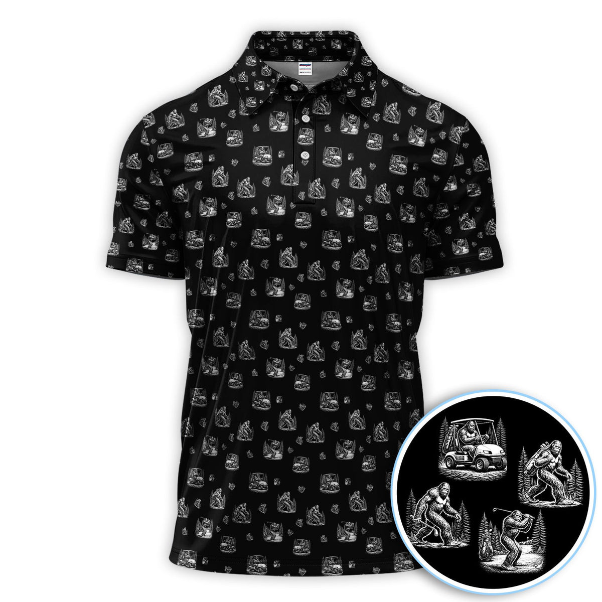 Bigfoot Pattern Golf Polos, Funny Sasquatch Golf Shirt, Crazy Golf Gift For Men