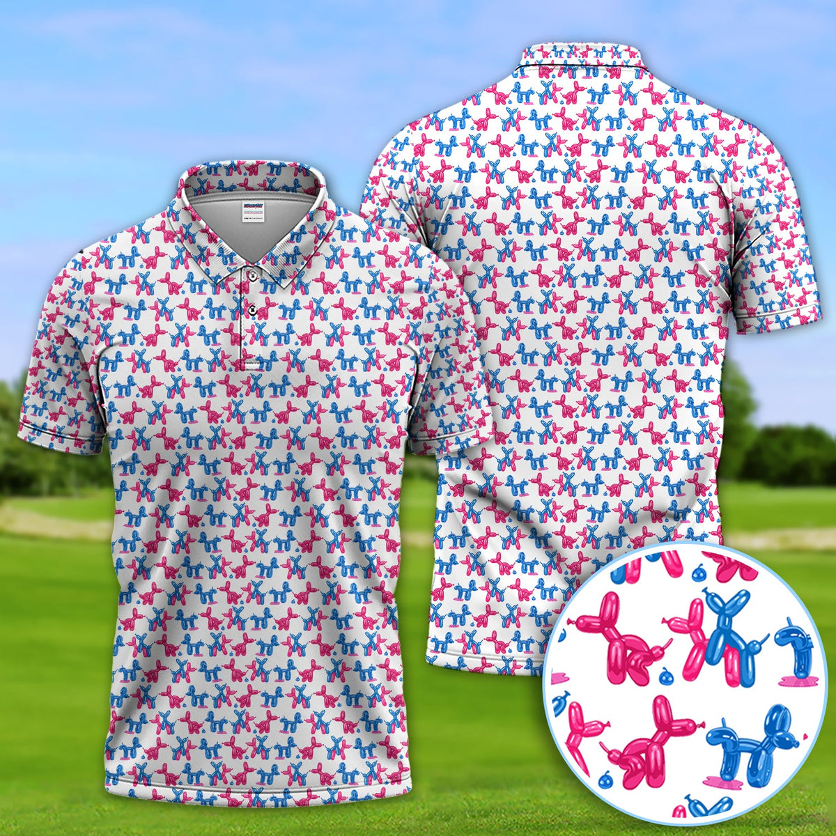 Balloon Dog Pattern Golf Polos, Funny Golf Shirts For Men, Golf Gift For Golfer