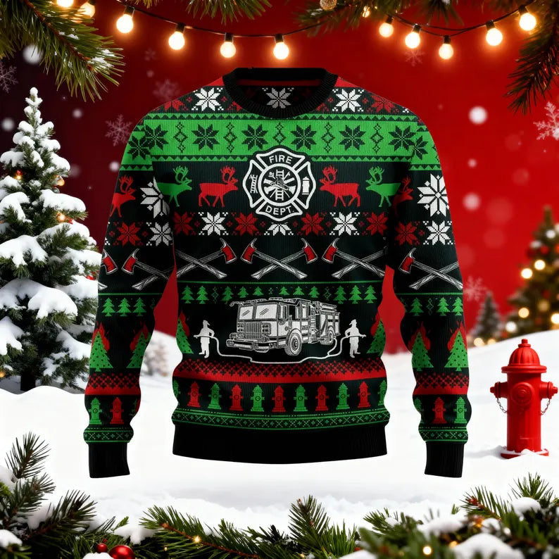 Funny Firefighter Christmas Ugly Sweater, Fire Truck Ugly Xmas Sweatshirt For Firemen, Xmas Ugly Sweater