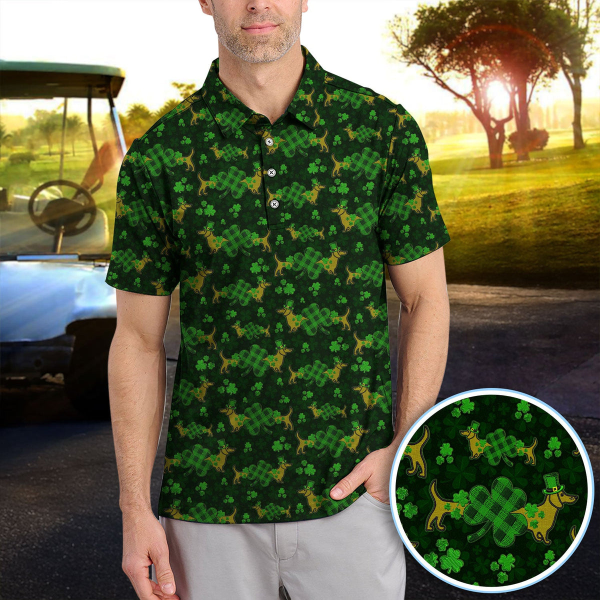 St. Patrick’s Day Golf Polos, Funny Dachshund Shamrock Golf Shirt For Men, Crazy Golf Gift For Golfer