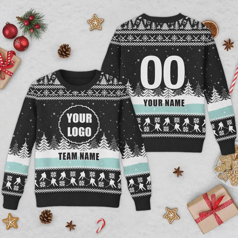 Personalized Logo Christmas Ugly, Custom Hockey Logo Xmas Ugly Sweater, Sports Team Xmas Ugly Sweater, Hockey Ugly Sweater Matching