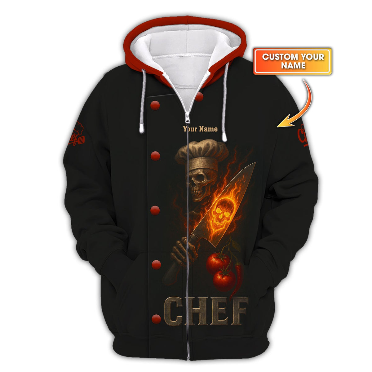 Chef Uniform, Cook Shirts With Custom Name, Skull Chef With Flaming Knife 3D Shirt, Gift For Cooking Lover