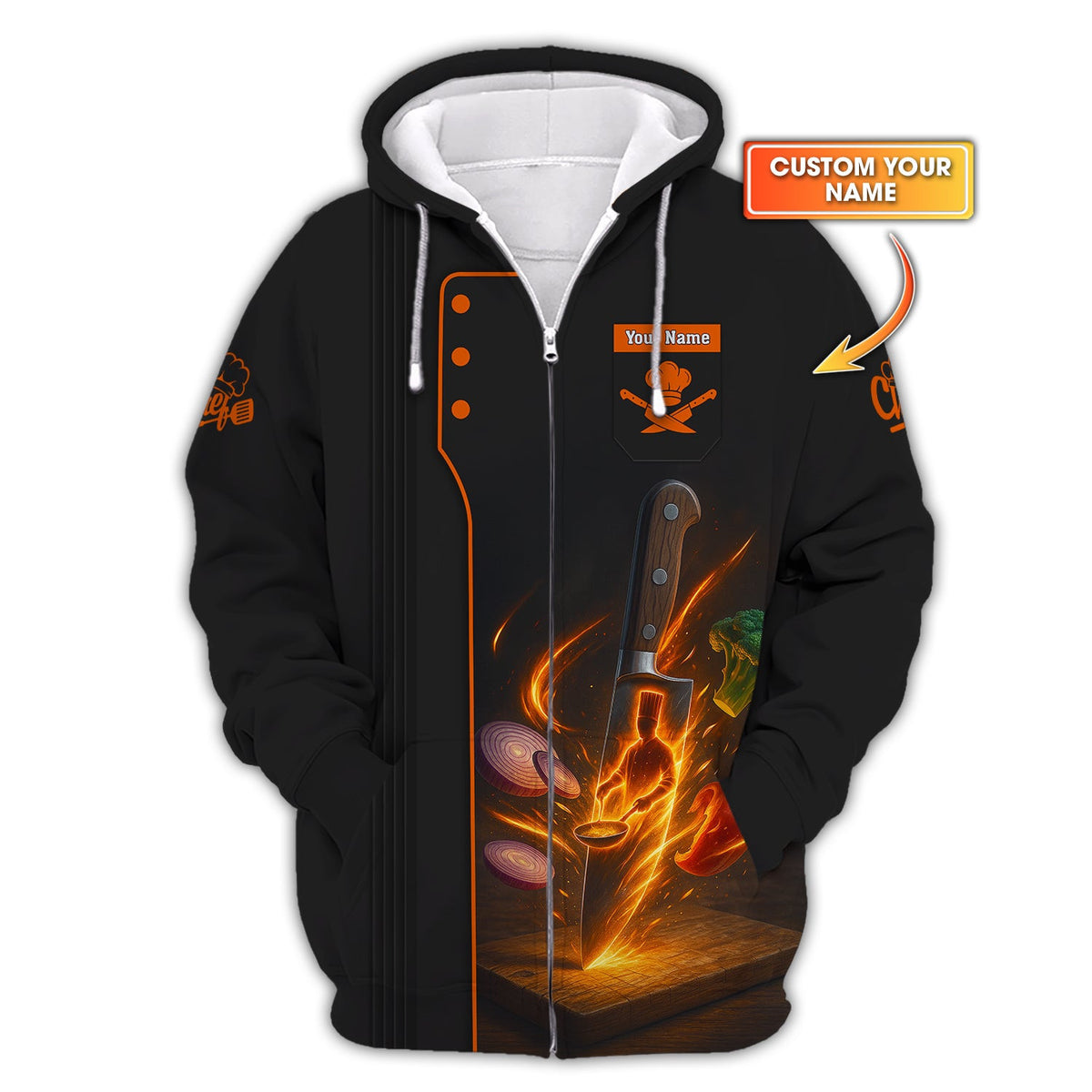 Knife Chef Shirt With Cooking Flames And Vegetables, Personalized Chef Uniform, Custom Name Chef's Shirt