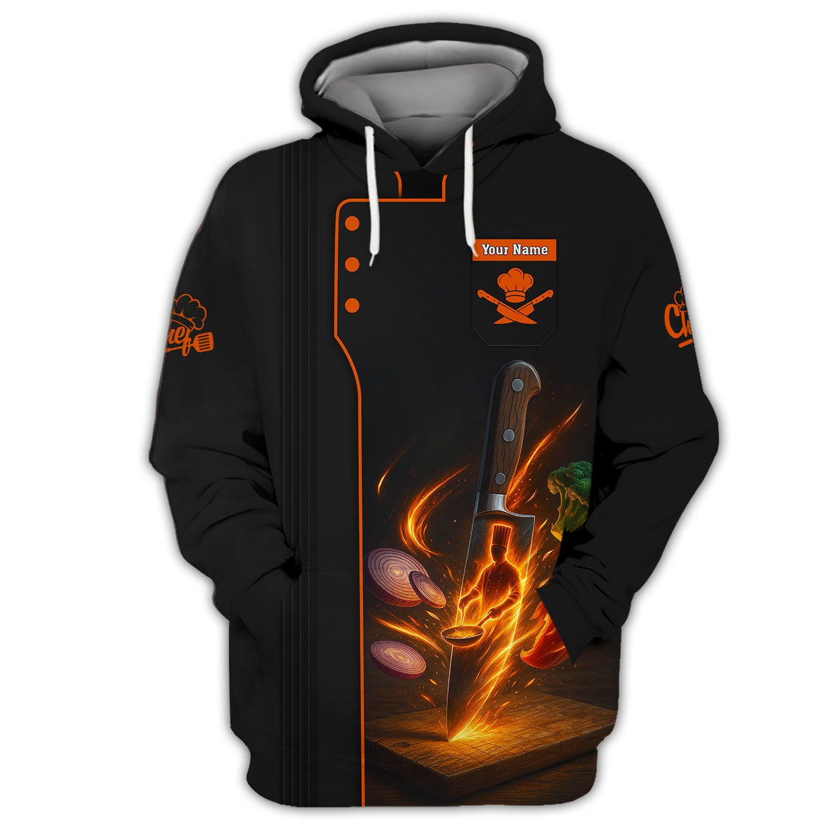 Knife Chef Shirt With Cooking Flames And Vegetables, Personalized Chef Uniform, Custom Name Chef's Shirt