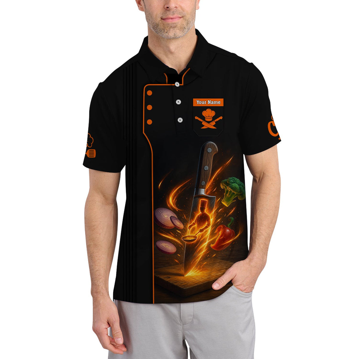Knife Chef Shirt With Cooking Flames And Vegetables, Personalized Chef Uniform, Custom Name Chef's Shirt