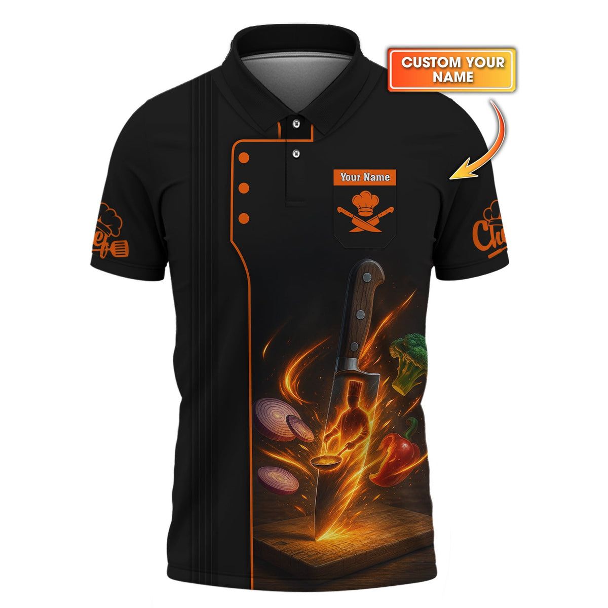 Knife Chef Shirt With Cooking Flames And Vegetables, Personalized Chef Uniform, Custom Name Chef's Shirt