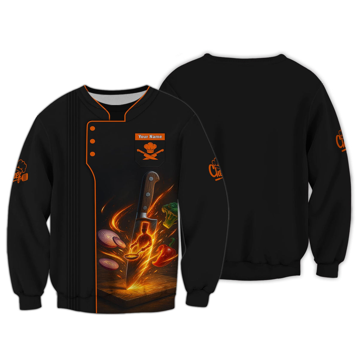 Knife Chef Shirt With Cooking Flames And Vegetables, Personalized Chef Uniform, Custom Name Chef's Shirt