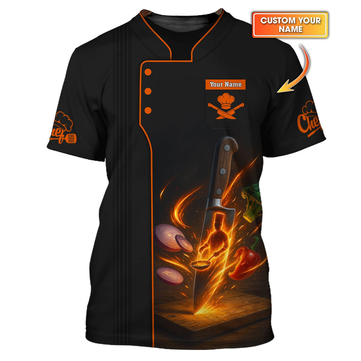 Knife Chef Shirt With Cooking Flames And Vegetables, Personalized Chef Uniform, Custom Name Chef's Shirt