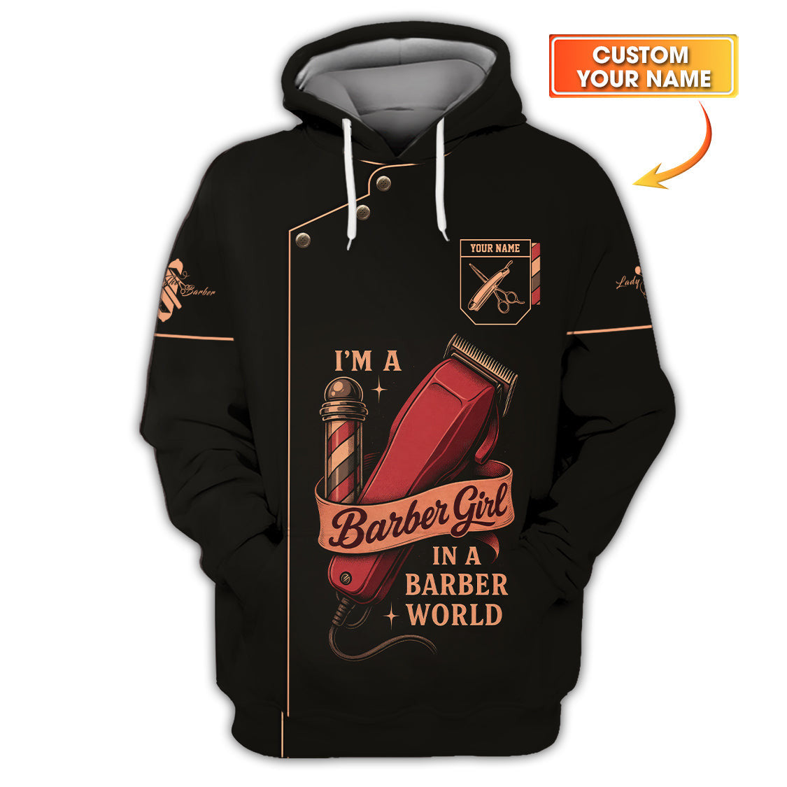 Custom Name Barber T-Shirt, I’m a Barber Girl In A Barber World Shirt, Lady Barber Shirt, Barber Uniform