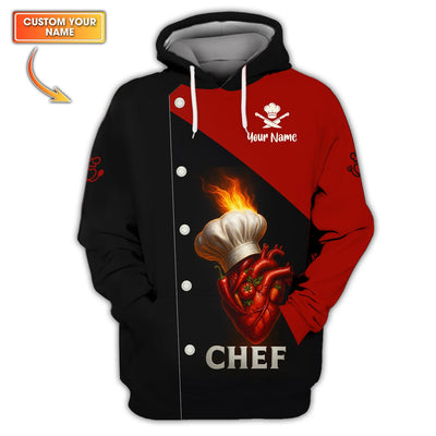 Flaming Heart Chef Shirt, Custom Name Chef Uniform, Personalized Cooking Shirt