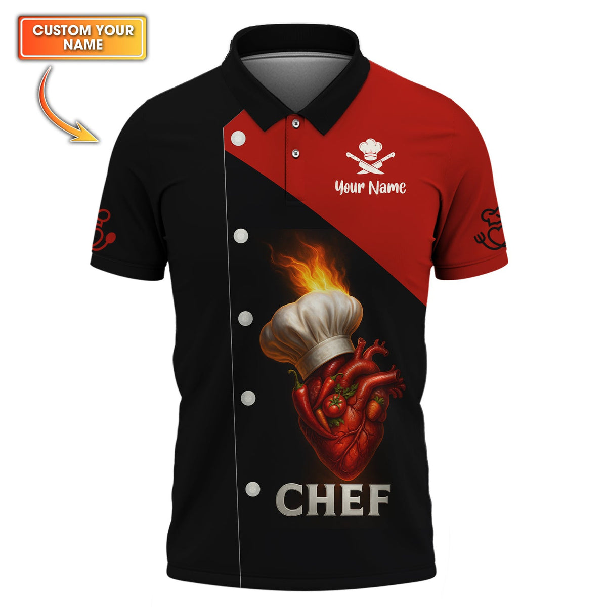 Flaming Heart Chef Shirt, Custom Name Chef Uniform, Personalized Cooking Shirt