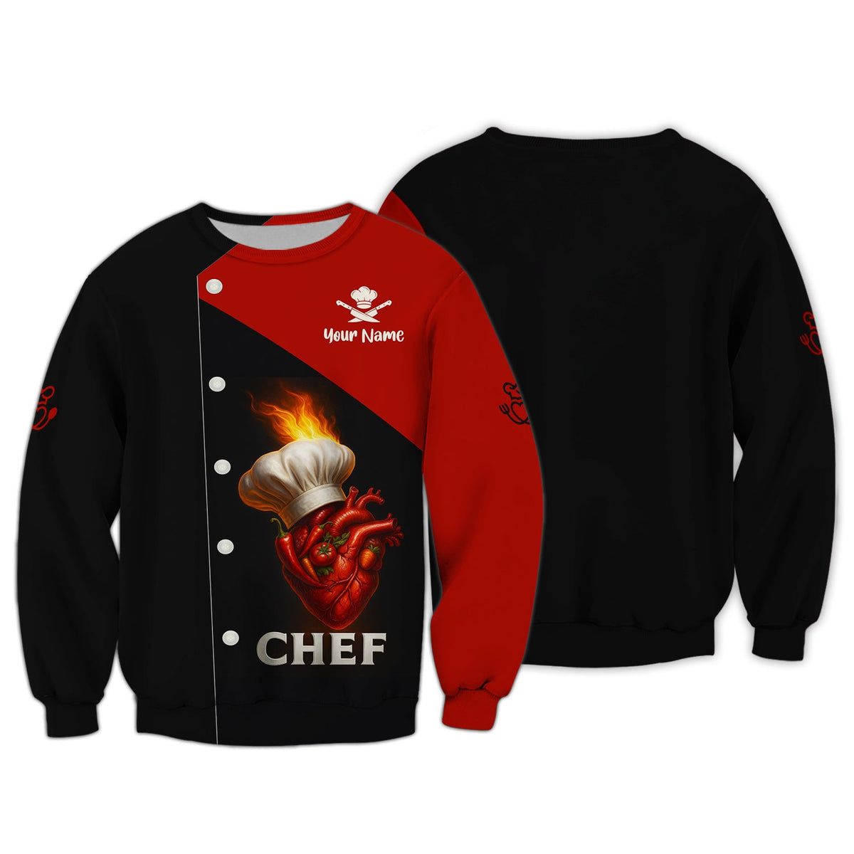 Flaming Heart Chef Shirt, Custom Name Chef Uniform, Personalized Cooking Shirt