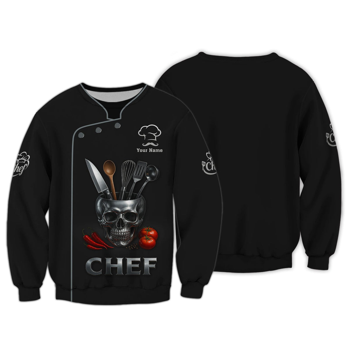 Custom Chef Uniform With Kitchen Tools, Personalized Cooking Shirt, Skull Chef Shirt