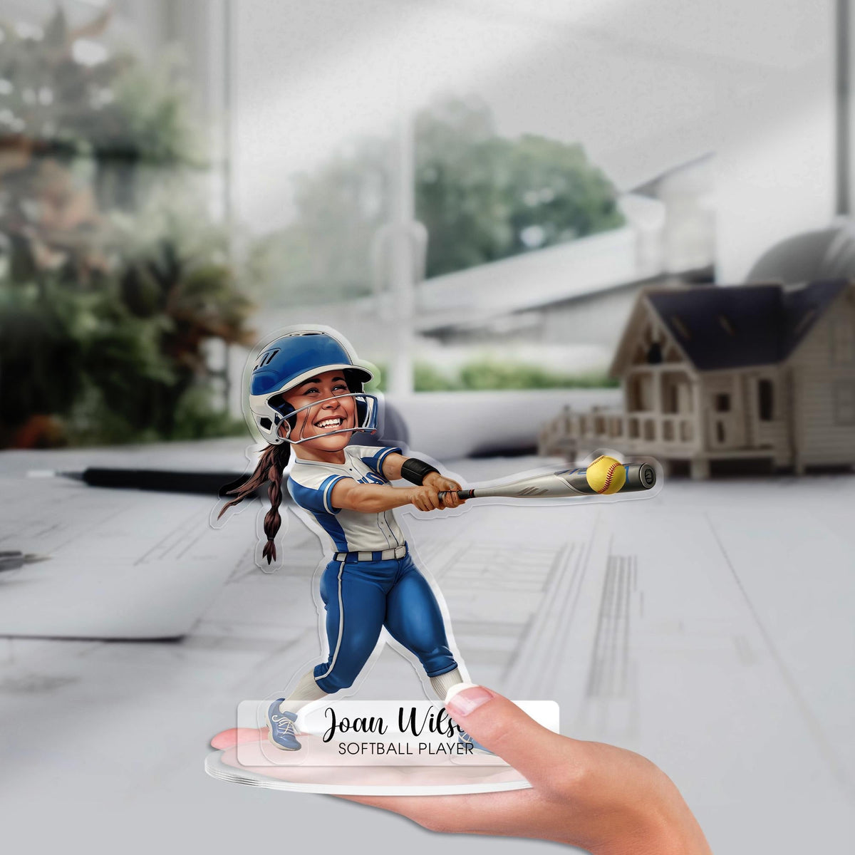 Custom Baseball Player Figurine Trinket Caricature Portrait Desk Name Plate, Personalized Acrylic Cartoon Sport Baseball Athlete Plaque Gift