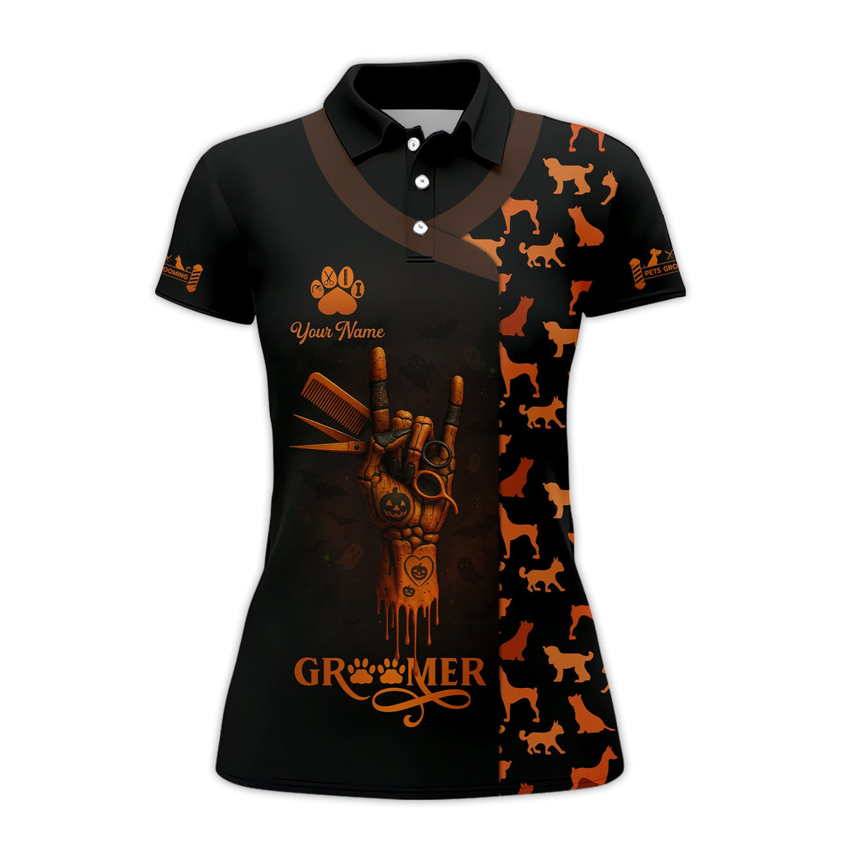 Custom Name Halloween Groomer Shirt, Dog Grooming Uniform with Skeleton Hand and Pet Silhouette Pattern