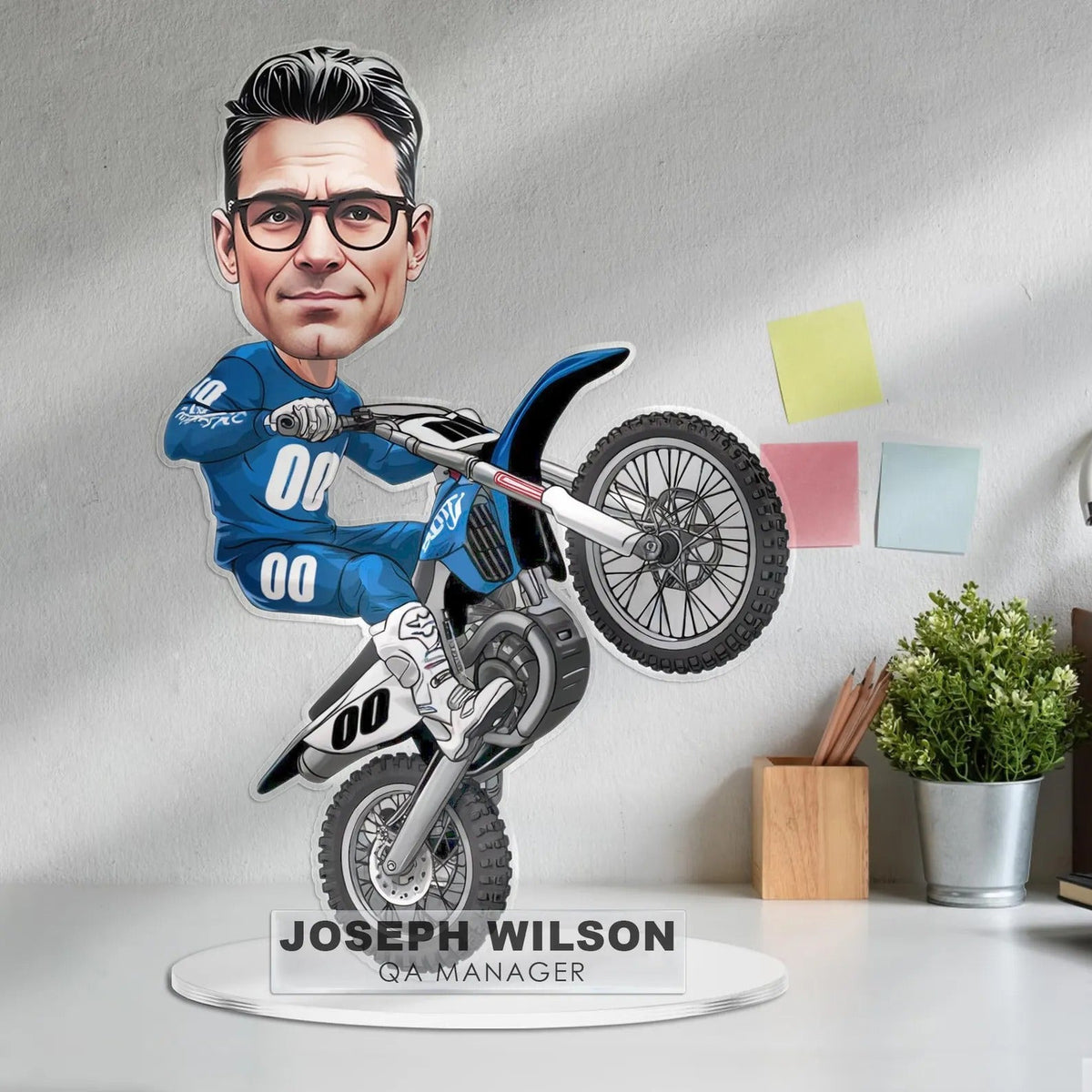 Custom Motocross Biker Figurine Trinket Caricature Portrait Desk Name Plate, Personalized Acrylic Motorcycle Dirtbike Plaque Gift