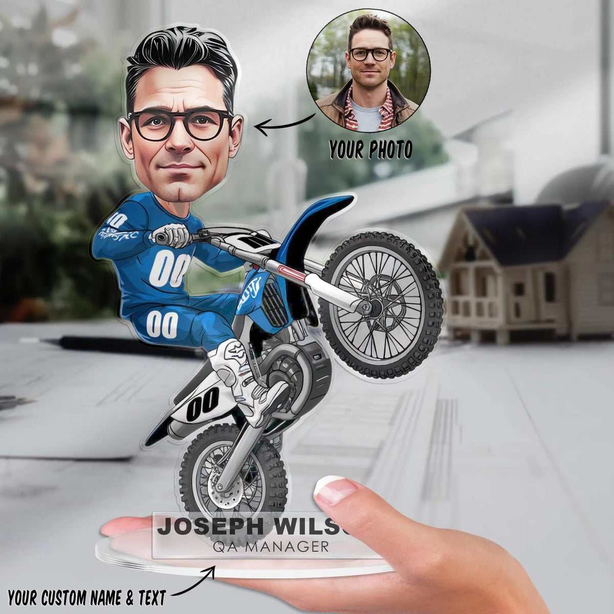 Custom Motocross Biker Figurine Trinket Caricature Portrait Desk Name Plate, Personalized Acrylic Motorcycle Dirtbike Plaque Gift