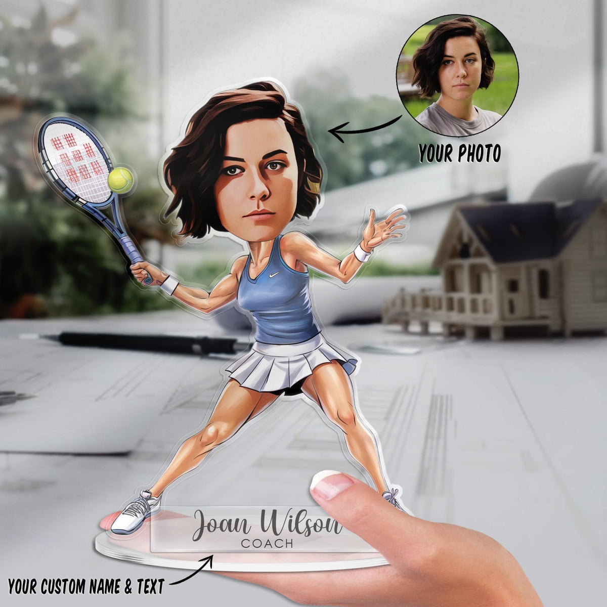 Custom Tennis Player Figurine Trinket Caricature Portrait Plate, Personalized Acrylic Gift Cartoon, Tennis Coach Gift Plaque