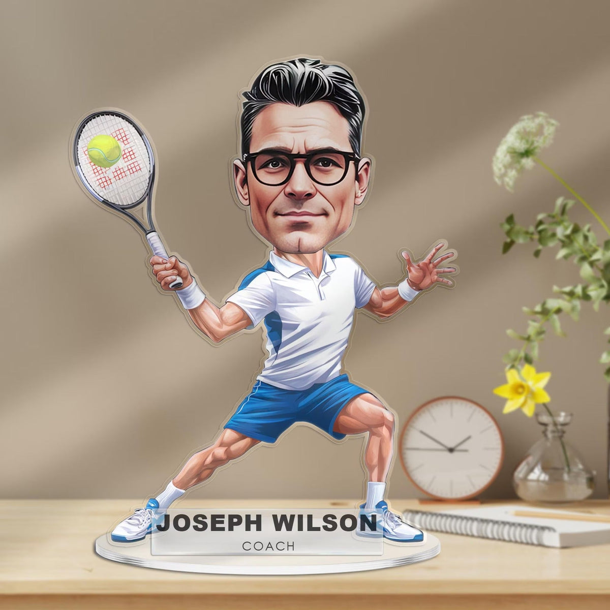 Custom Tennis Player Figurine Trinket Caricature Portrait Plate, Personalized Acrylic Gift Cartoon, Tennis Coach Gift Plaque