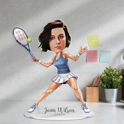 Custom Tennis Player Figurine Trinket Caricature Portrait Plate, Personalized Acrylic Gift Cartoon, Tennis Coach Gift Plaque