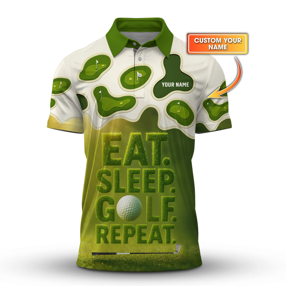 Custom Name Eat Sleep Golf Repeat Polos, Funny Golf Shirt, Golf Gift For Men
