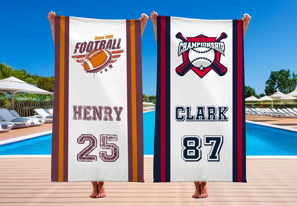 Custom Sport Team Beach Towel, Personalized Football Volleyball Basketball Baseball Softball Soccer Logo Beach Towel, Pool Party Towels