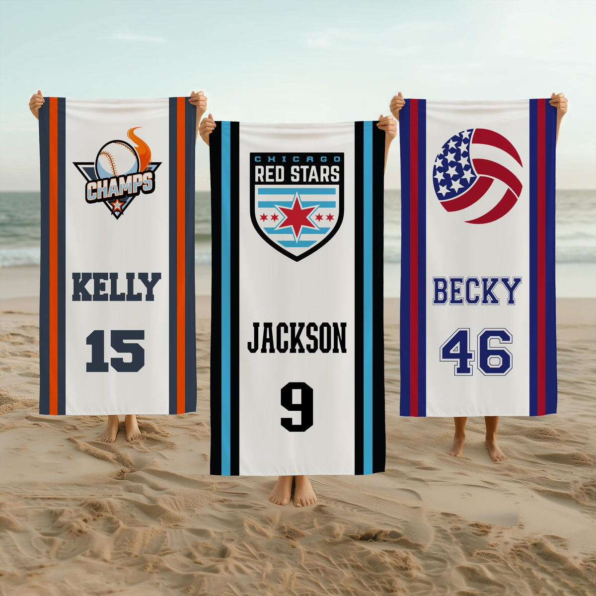 Custom Sport Team Beach Towel, Personalized Football Volleyball Basketball Baseball Softball Soccer Logo Beach Towel, Pool Party Towels