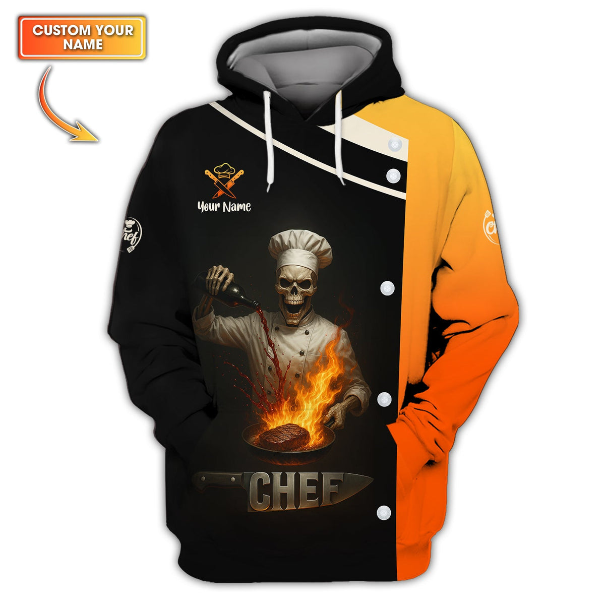 Flaming Skull Chef Shirts, Custom Name Skeleton Cooking Shirt, Funny Chef Uniform