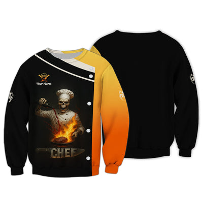 Flaming Skull Chef Shirts, Custom Name Skeleton Cooking Shirt, Funny Chef Uniform