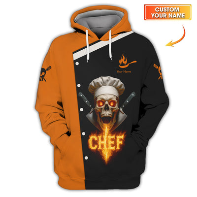 Skull Chef Uniform, Custom Name Flaming Skeleton Chef Shirt For Cooking Lovers