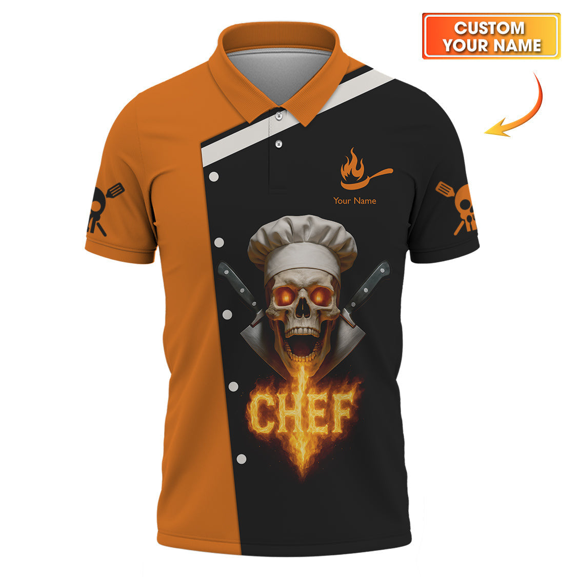 Skull Chef Uniform, Custom Name Flaming Skeleton Chef Shirt For Cooking Lovers