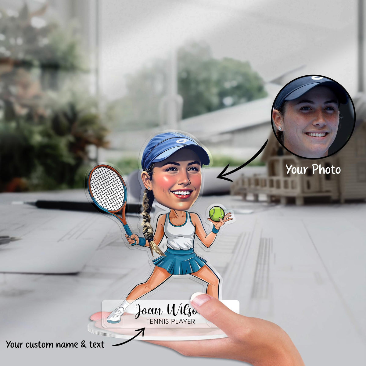Custom Tennis Player Figurine Trinket Caricature Portrait Plate, Personalized 3D Acrylic Cartoon Sport Coach Smash Shot Plaque Gift