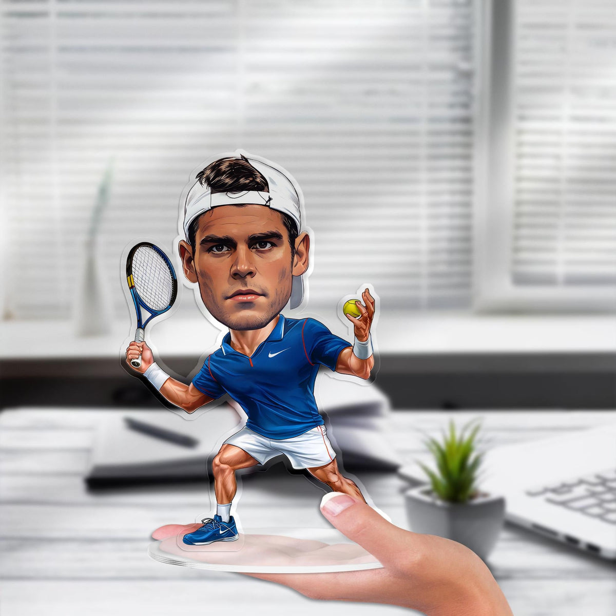 Custom Tennis Player Figurine Trinket Caricature Portrait Plate, Personalized 3D Acrylic Cartoon Sport Coach Smash Shot Plaque Gift