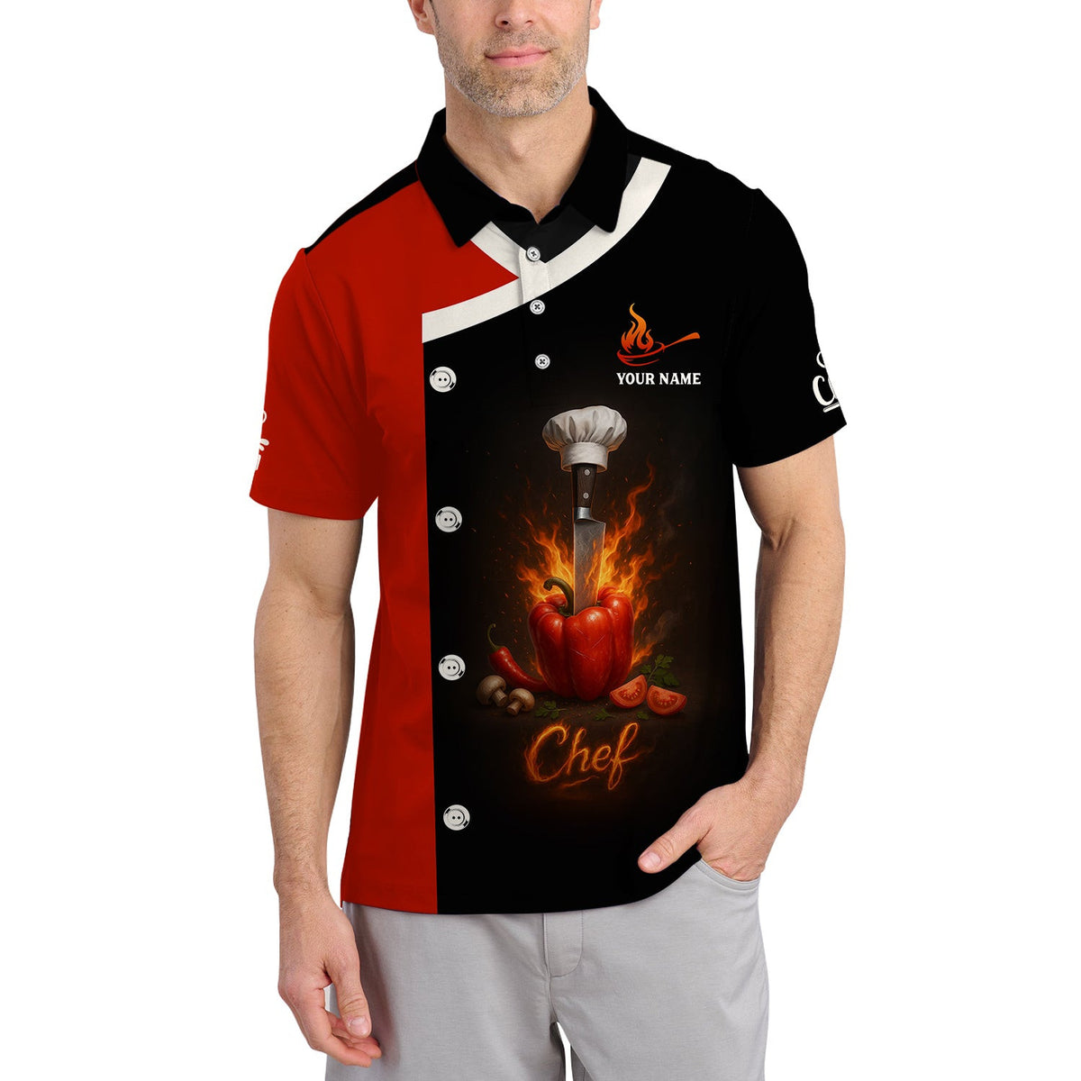 Custom Chef Shirt, Personalized Chef Uniform With Knife & Pepper Fire Design for Cooking Lovers