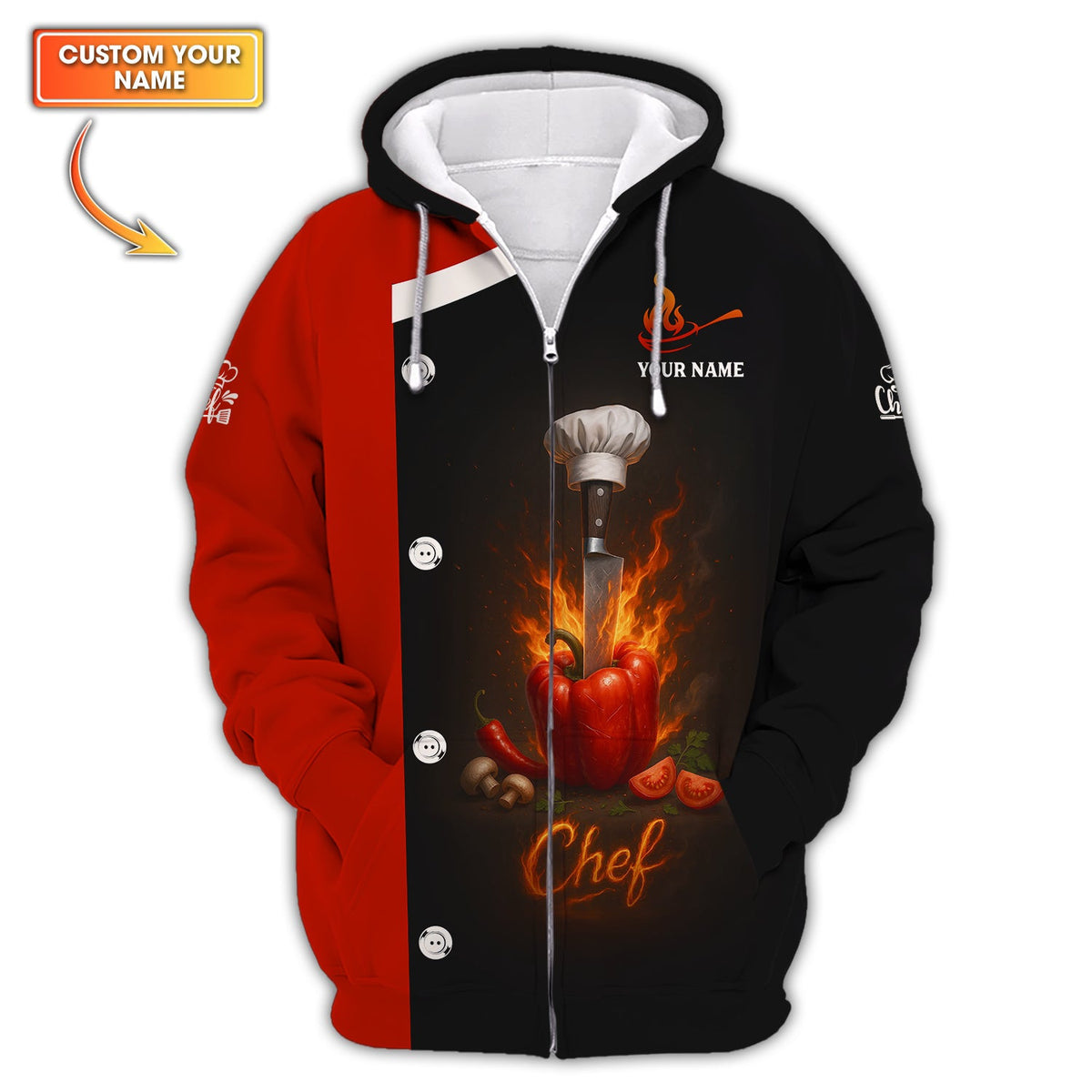 Custom Chef Shirt, Personalized Chef Uniform With Knife & Pepper Fire Design for Cooking Lovers