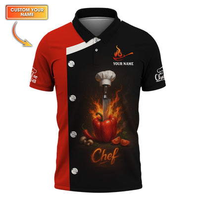 Custom Chef Shirt, Personalized Chef Uniform With Knife & Pepper Fire Design for Cooking Lovers
