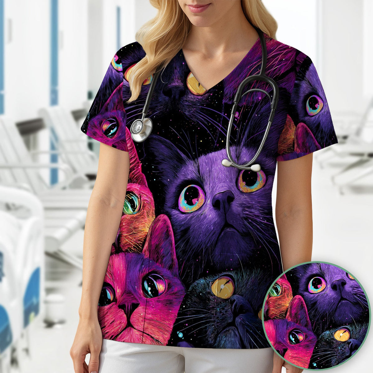 Colorful Neon Cat Faces Scrub Top, Comfortable Scrubs for Nurses